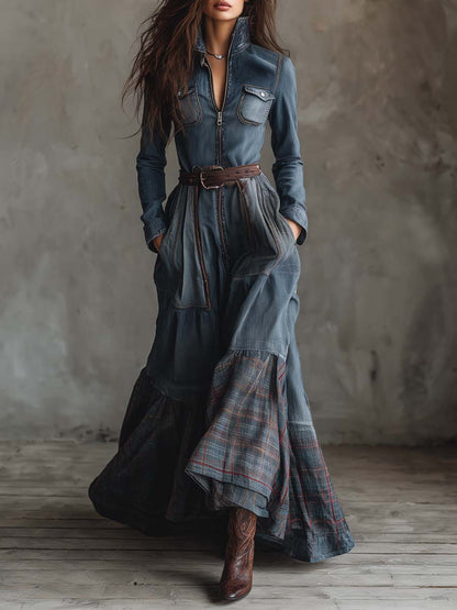 Joannah | Maxikleid aus Denim-Patchwork mit Karosaum