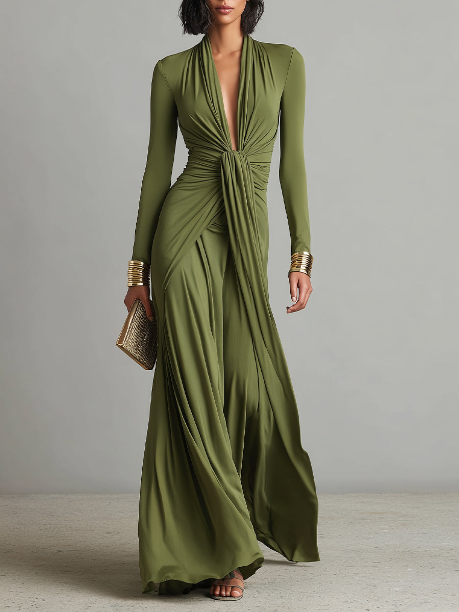 Women's Olive Silky Stretchy Dress With Deep V-Neck & Ruched Detail, Glamorous Maxi Dress