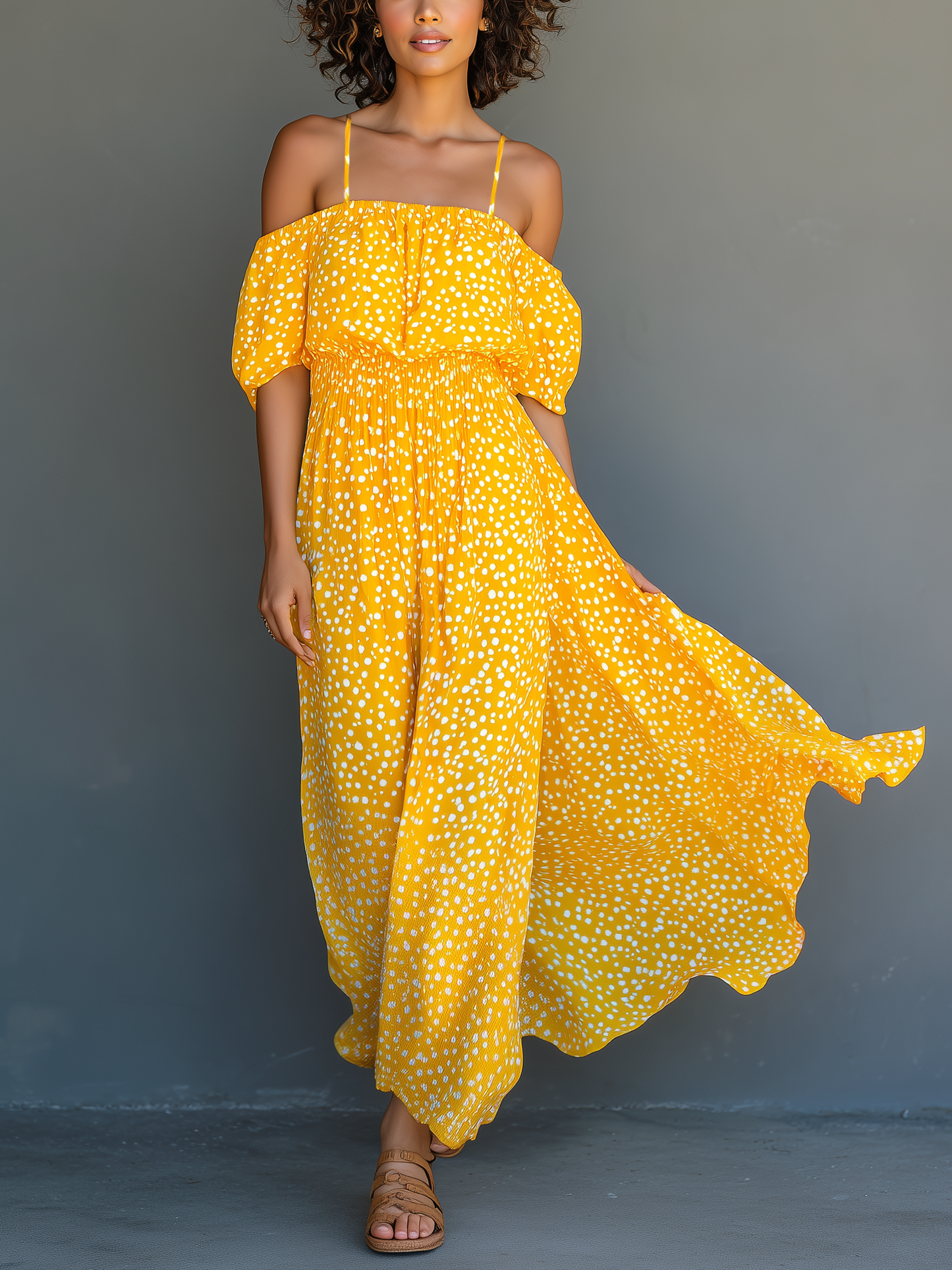 Women's Casual Yellow Chiffon Suspender Short-sleeved Long Dress