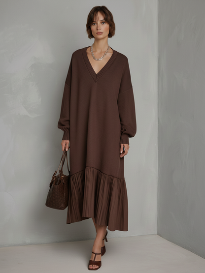 Women's Brown Ribbed Knit V-Neck Long Sleeve Pleated Hem Midi Dress