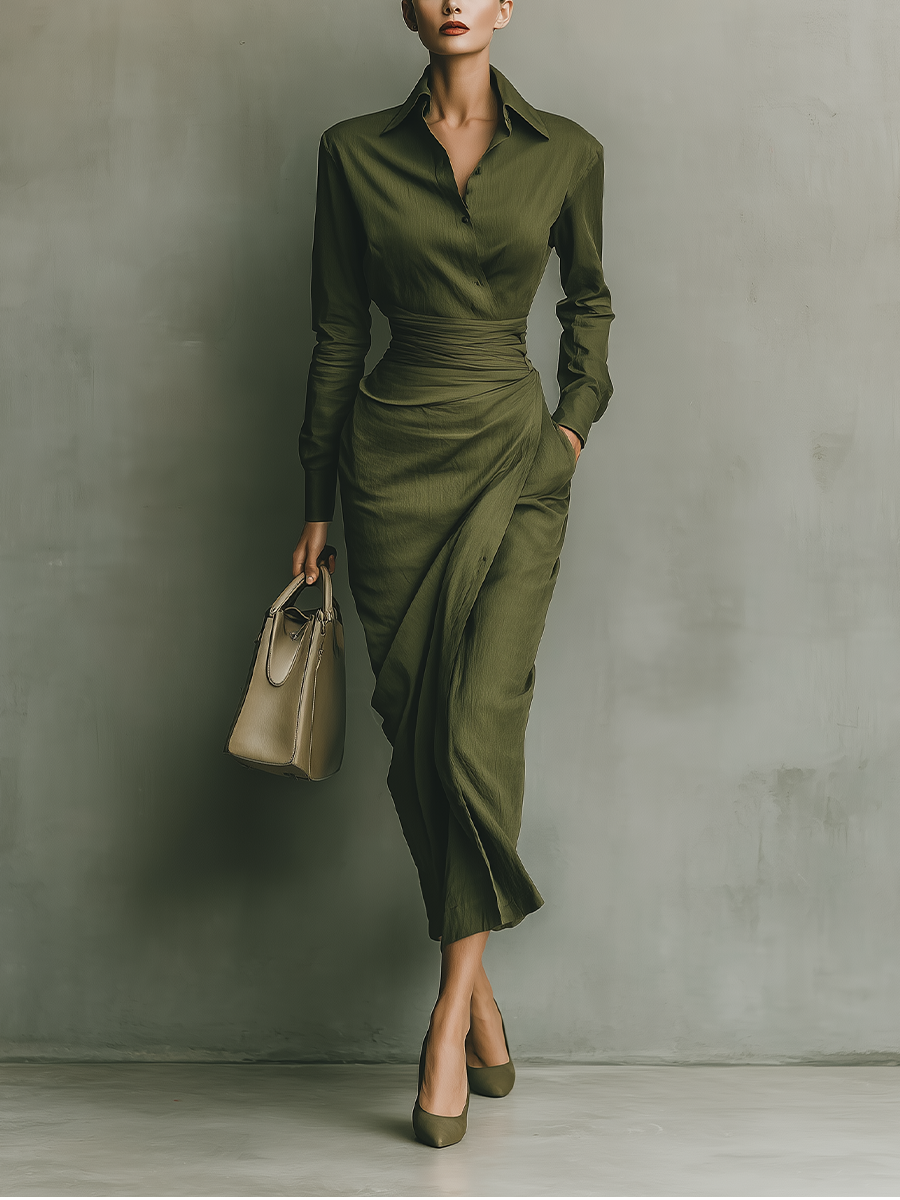 Vestido maxi feminino verde-oliva de algodão misto