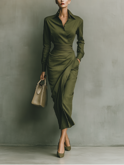 Vestido maxi feminino verde-oliva de algodão misto