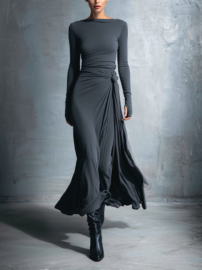 Women's Gray Exquisite Stretch Blended Fabric Wrap Dress - Knotted Maxi Dress