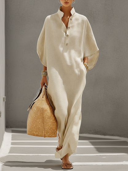 Women's Oatmeal Linen Dress With Mandarin Collar & Dolman Sleeves, Timeless Resort-Casual Style Dress