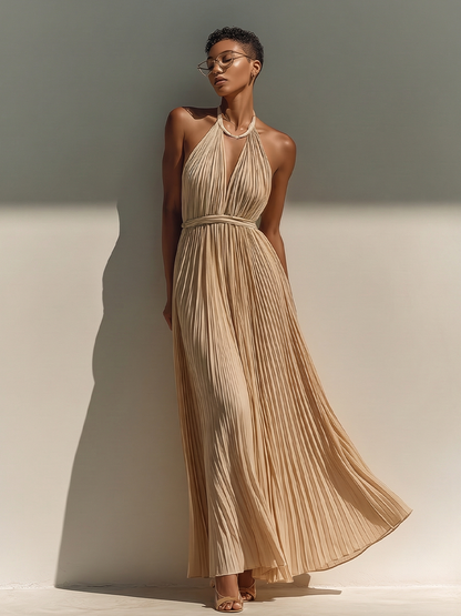 Women's Champagne Pleated Dress With Halter Neck & Self-Tie Waist, Timeless Evening-Elegant Style Dress