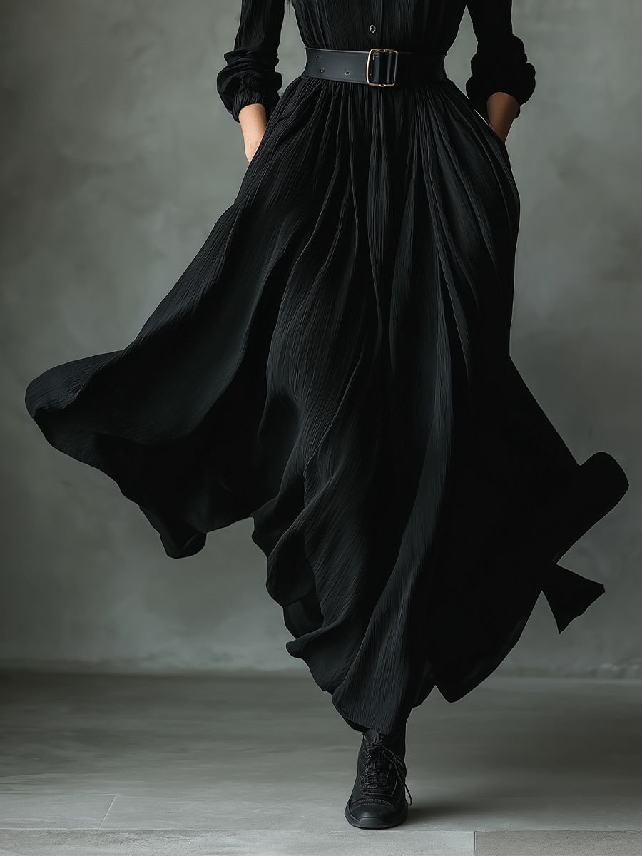 Vestido longo feminino vintage preto, de tecido misto texturizado e plissado