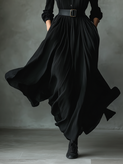 Vestido longo feminino vintage preto, de tecido misto texturizado e plissado