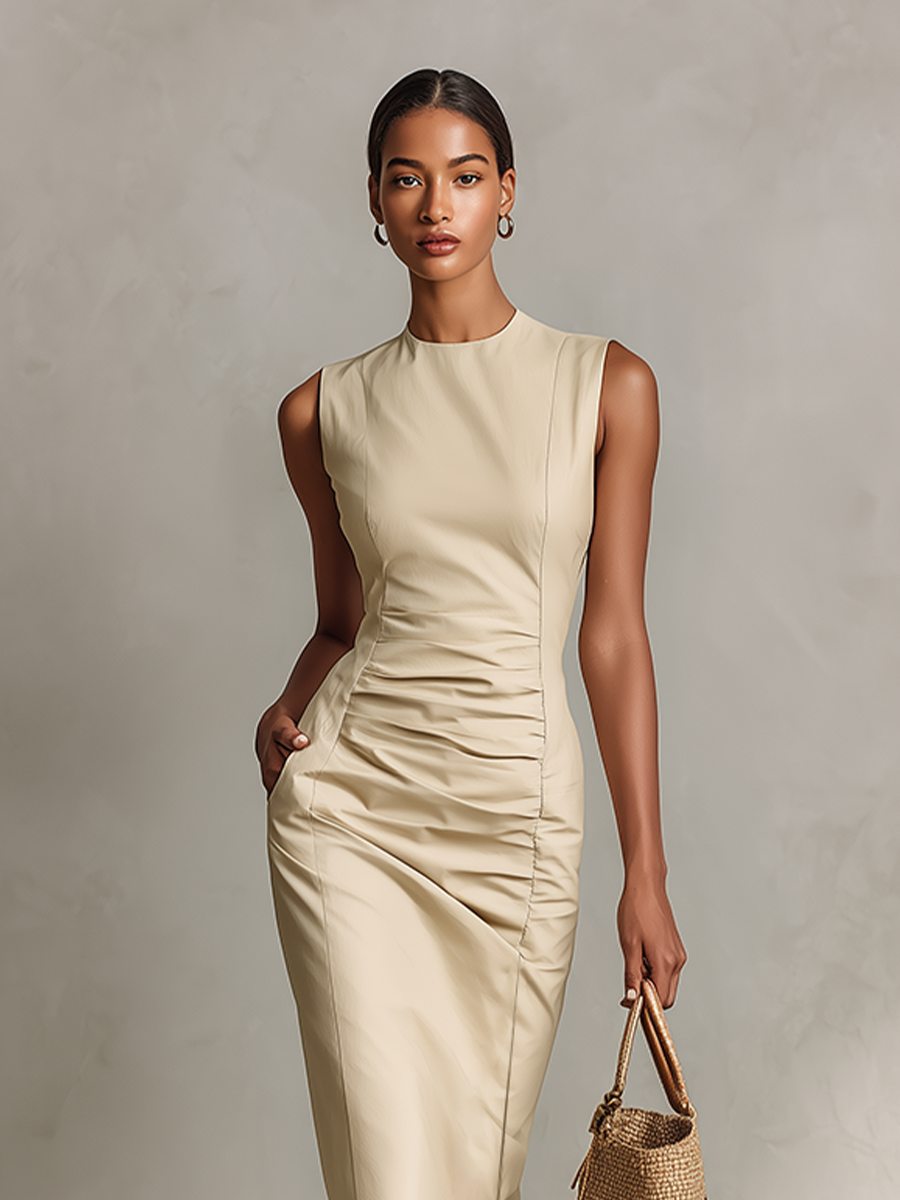 Vestido beige de mujer con textura, silueta entallada tipo tubo y largo midi, estilo moderno y elegante para la oficina