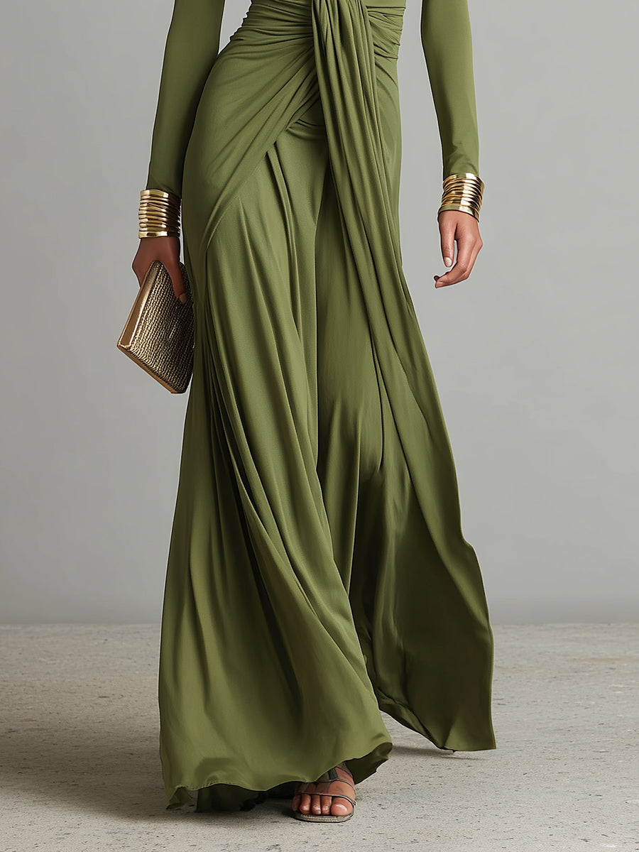 Women's Olive Silky Stretchy Dress With Deep V-Neck & Ruched Detail, Glamorous Maxi Dress