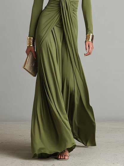 Women's Olive Silky Stretchy Dress With Deep V-Neck & Ruched Detail, Glamorous Maxi Dress