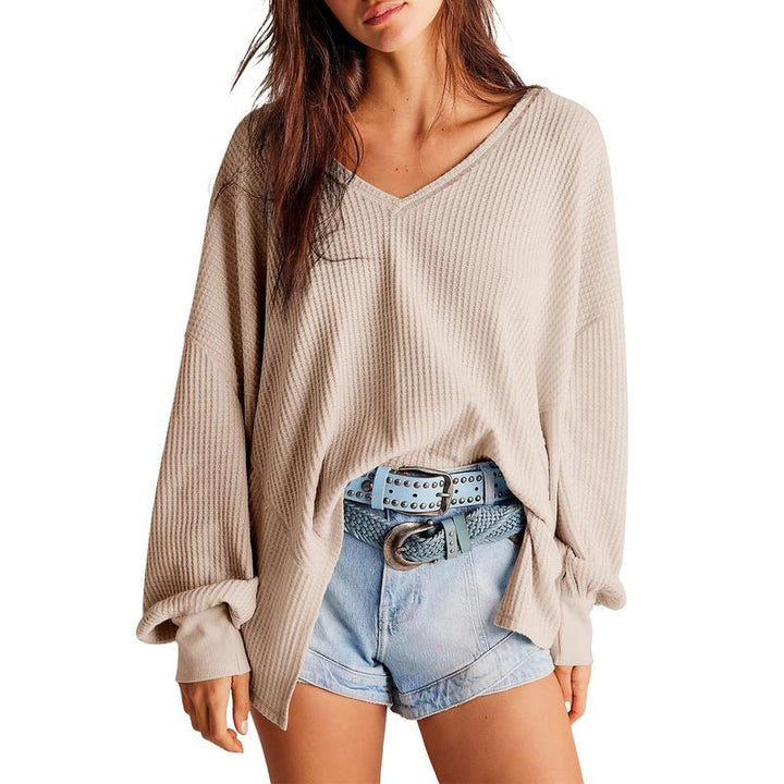 NORA™ - Blusa de punto waffle para mujer con cuello en V, manga farol y corte oversize