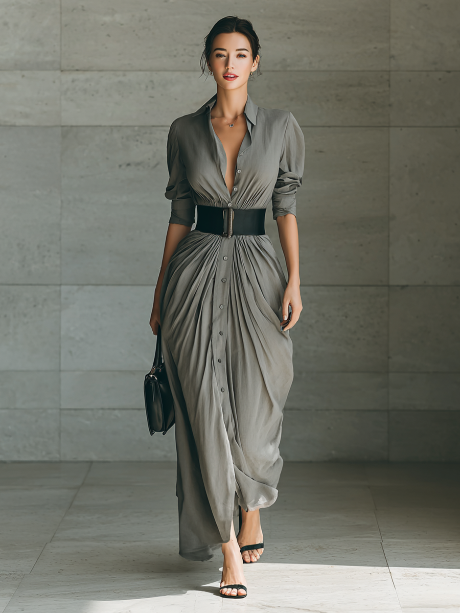 Vestido maxi feminino de manga longa, com lapela, abotoamento simples e cinto