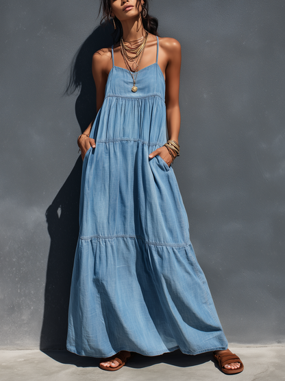 Women's Casual Blue Stretch Denim Loose-fitting Suspender Maxi Dress