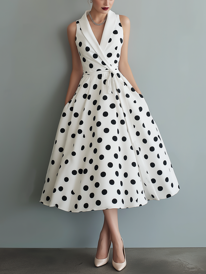 Vestido midi feminino elegante, preto e branco, de tecido tramado, com gola e sem mangas, estampado de poás