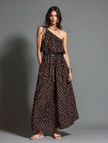 Vestido largo casual de mujer, marrón, con estampado de lunares, tejido, sin hombros y sin mangas