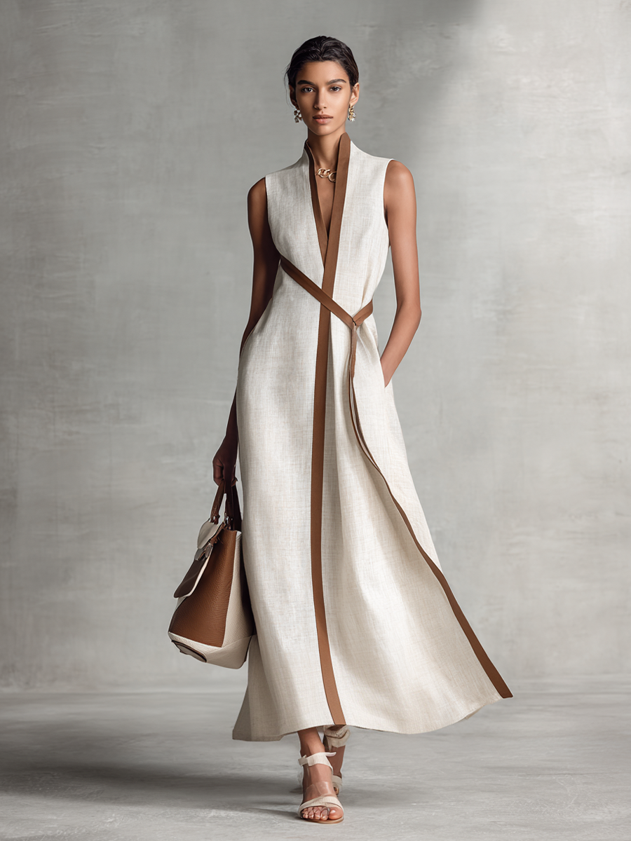 Vestido largo de algodón y lino para mujer, sin mangas, con escote en V y cintura ajustable con lazo