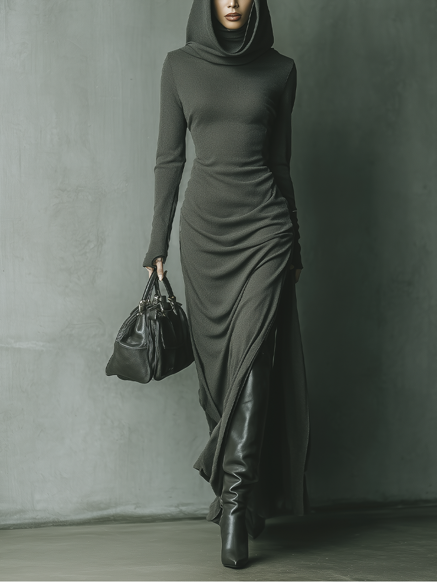 Vestido longo feminino de malha cinza-escuro com capuz e alta elasticidade