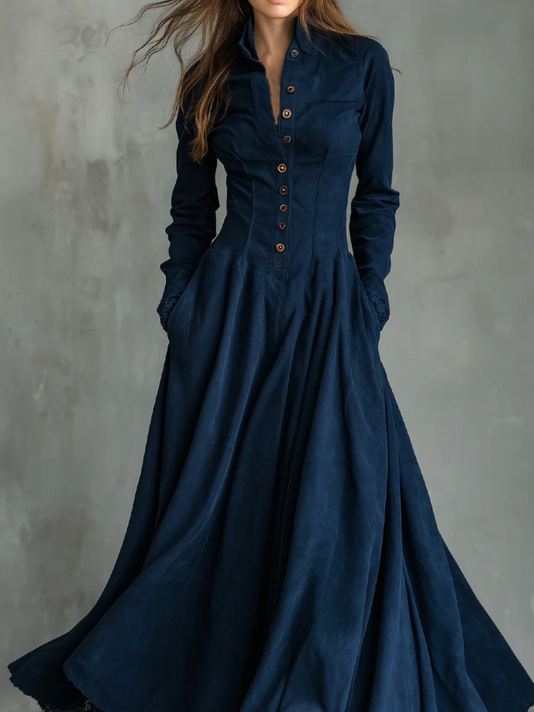 Vestido longo gótico azul-marinho em camurça sintética com renda