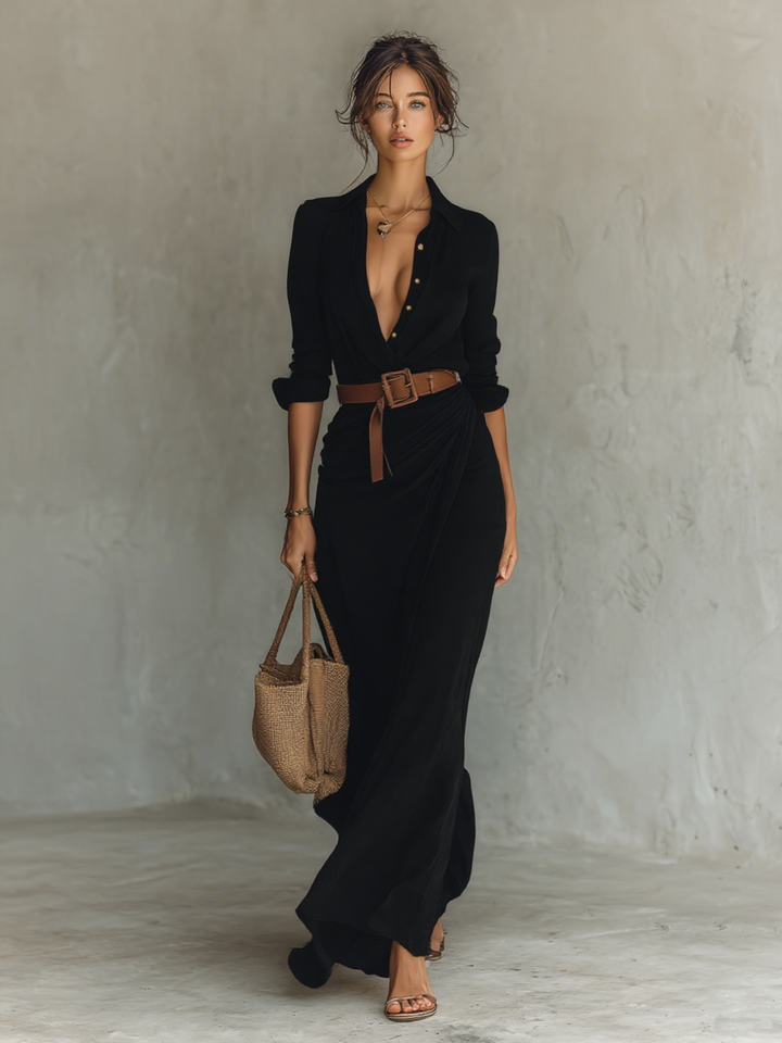 Damen Maxikleid mit Reverskragen, einreihiger Knopfleiste, langen Ärmeln und Taillengürtel