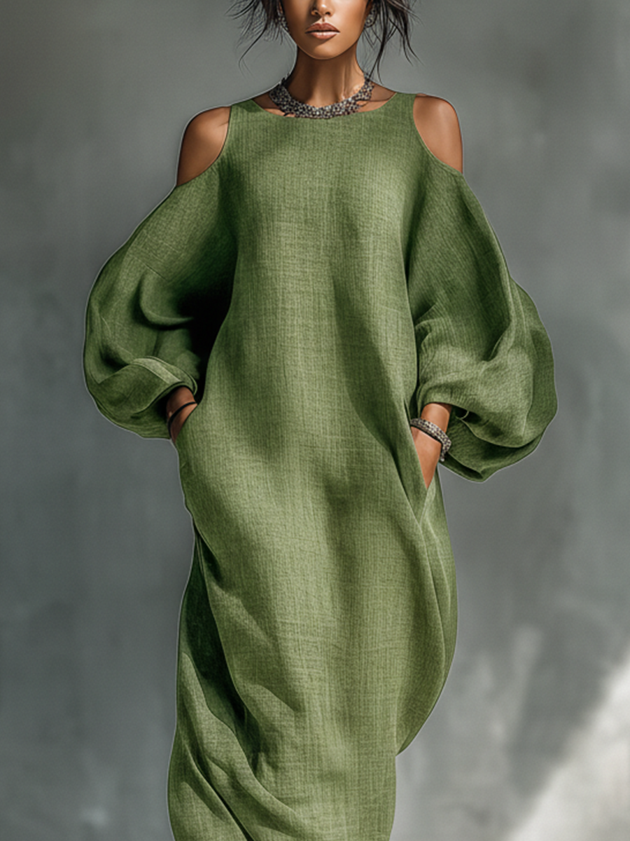 Vestido largo verde claro para mujer, con hombros descubiertos, mangas abullonadas extragrandes y bolsillos laterales