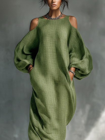 Vestido largo verde claro para mujer, con hombros descubiertos, mangas abullonadas extragrandes y bolsillos laterales