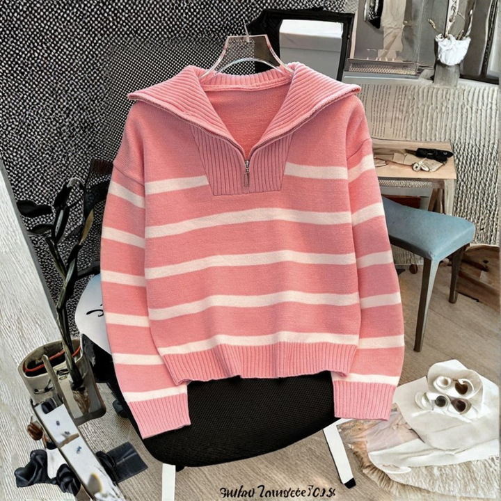 NEVAEH™ - Blusa Listrada Chic de Manga Longa com Gola