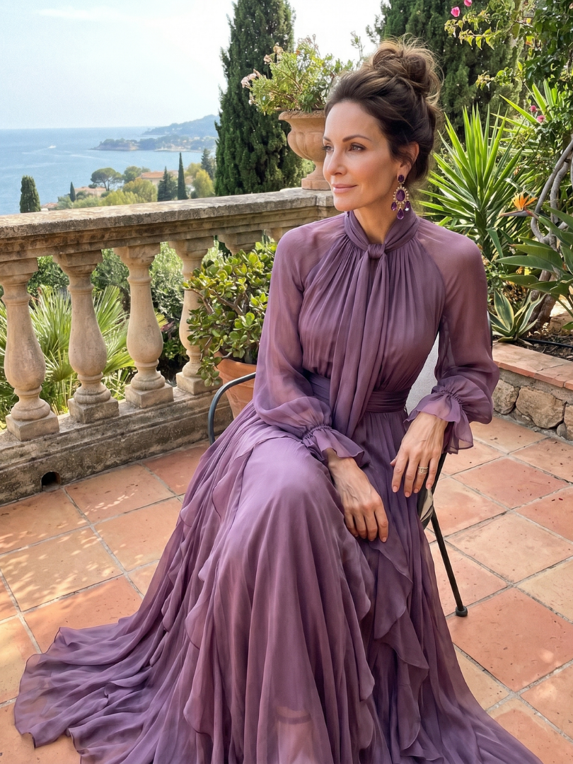 Demetria | Vestido maxi de volantes con cuello atado y capas