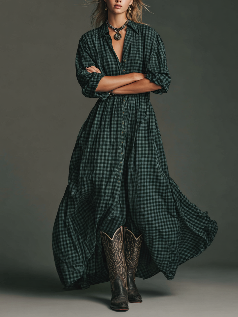 Vestido maxi feminino xadrez com mangas longas