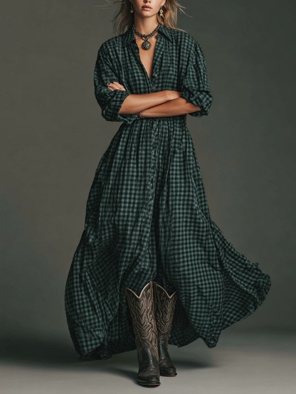 Vestido maxi feminino xadrez com mangas longas