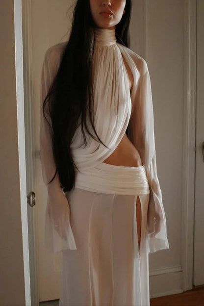 Lucia - Draped High-Neck Top and Slit Maxi Skirt Set
