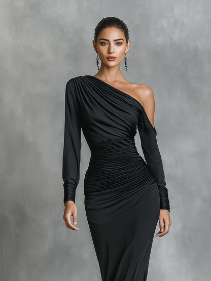 Vestido longo sereia feminino preto elegante de cetim com um ombro só e franzido