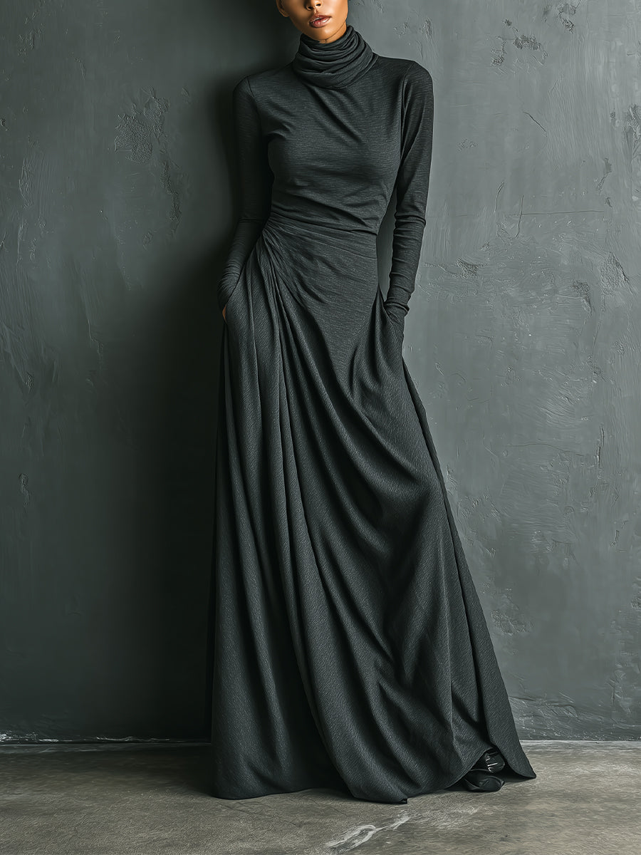 Vestido largo drapeado elegante de cuello alto para mujer, en color gris carbón, de mezcla elástica de poliéster y algodón