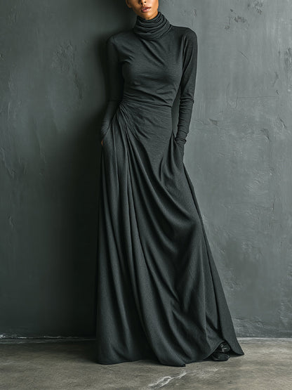 Vestido largo drapeado elegante de cuello alto para mujer, en color gris carbón, de mezcla elástica de poliéster y algodón