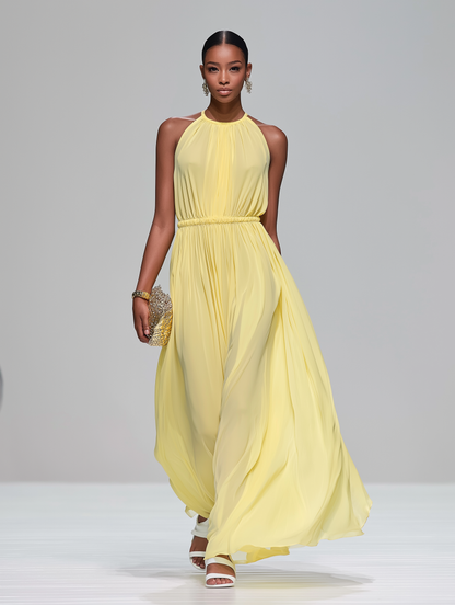 Elegantes, hellgelbes, ärmelloses langes Chiffonkleid mit Rundhalsausschnitt für Damen