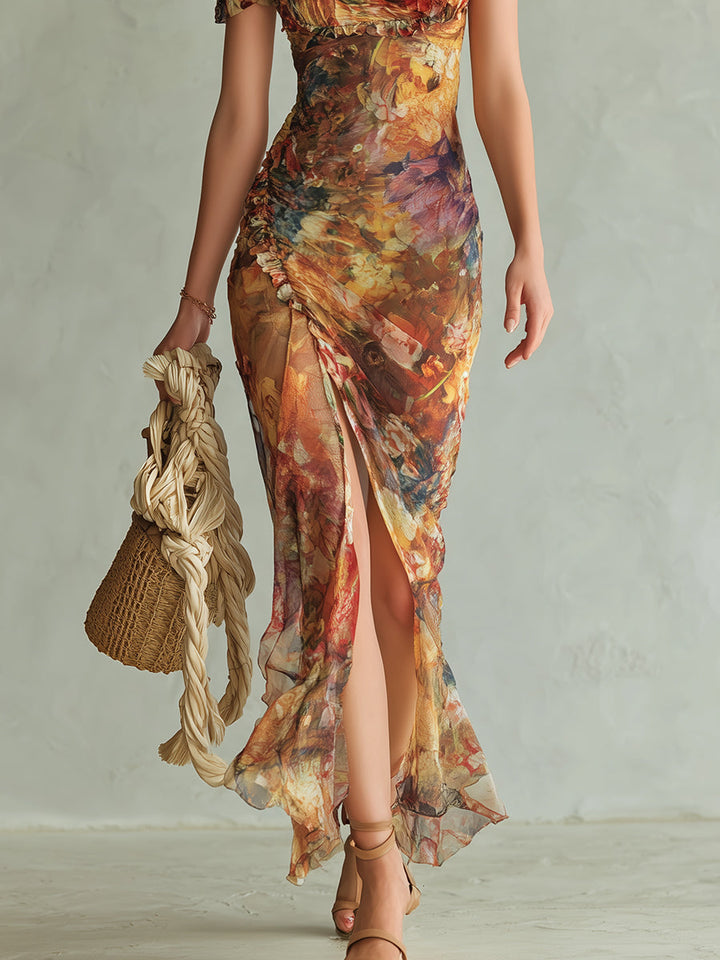 Boho Holiday oljemaleri trykt chiffon maxi-kjole