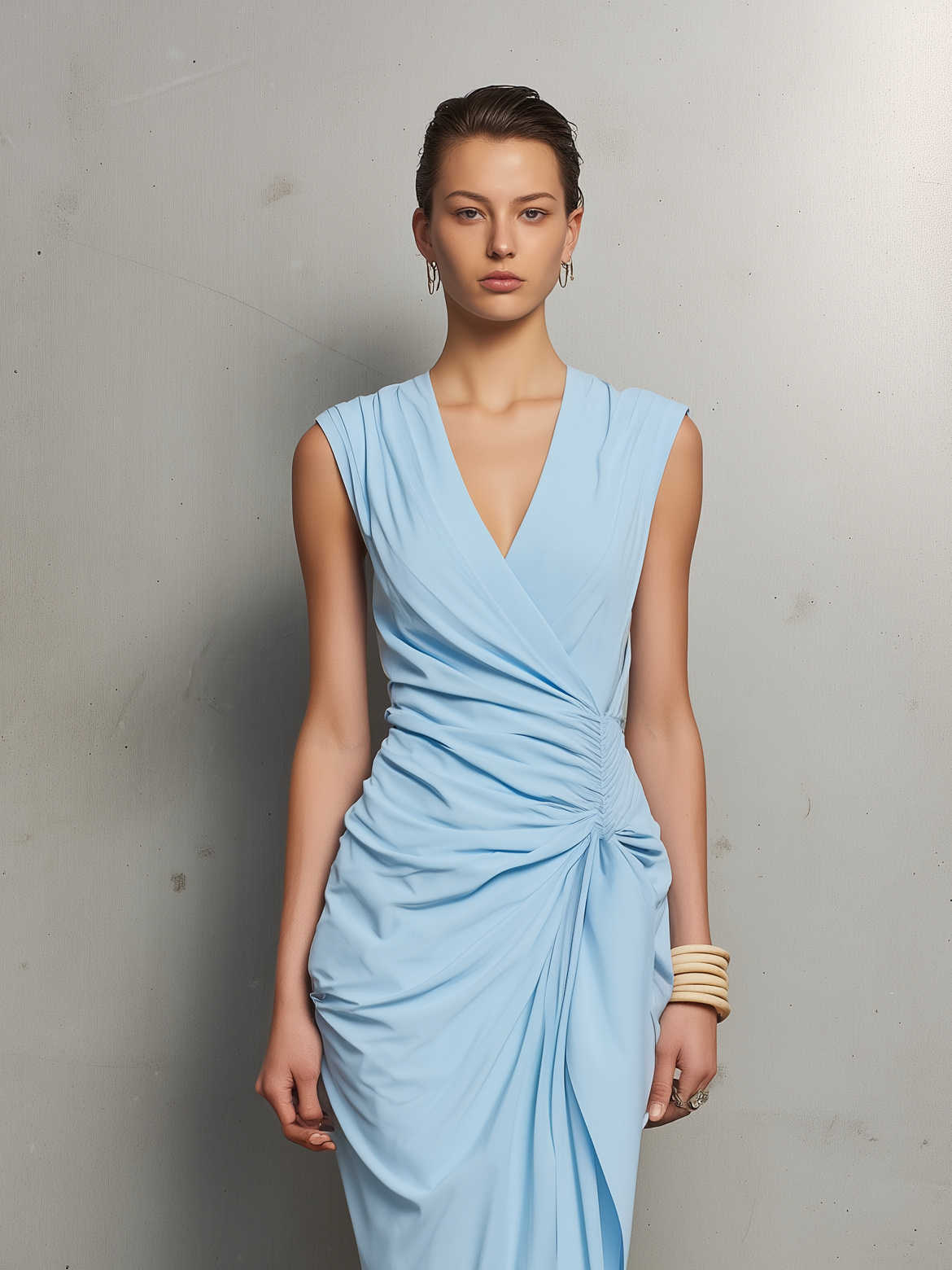 Vestido midi feminino elegante, de malha elástica azul-claro, com decote em V e sem mangas
