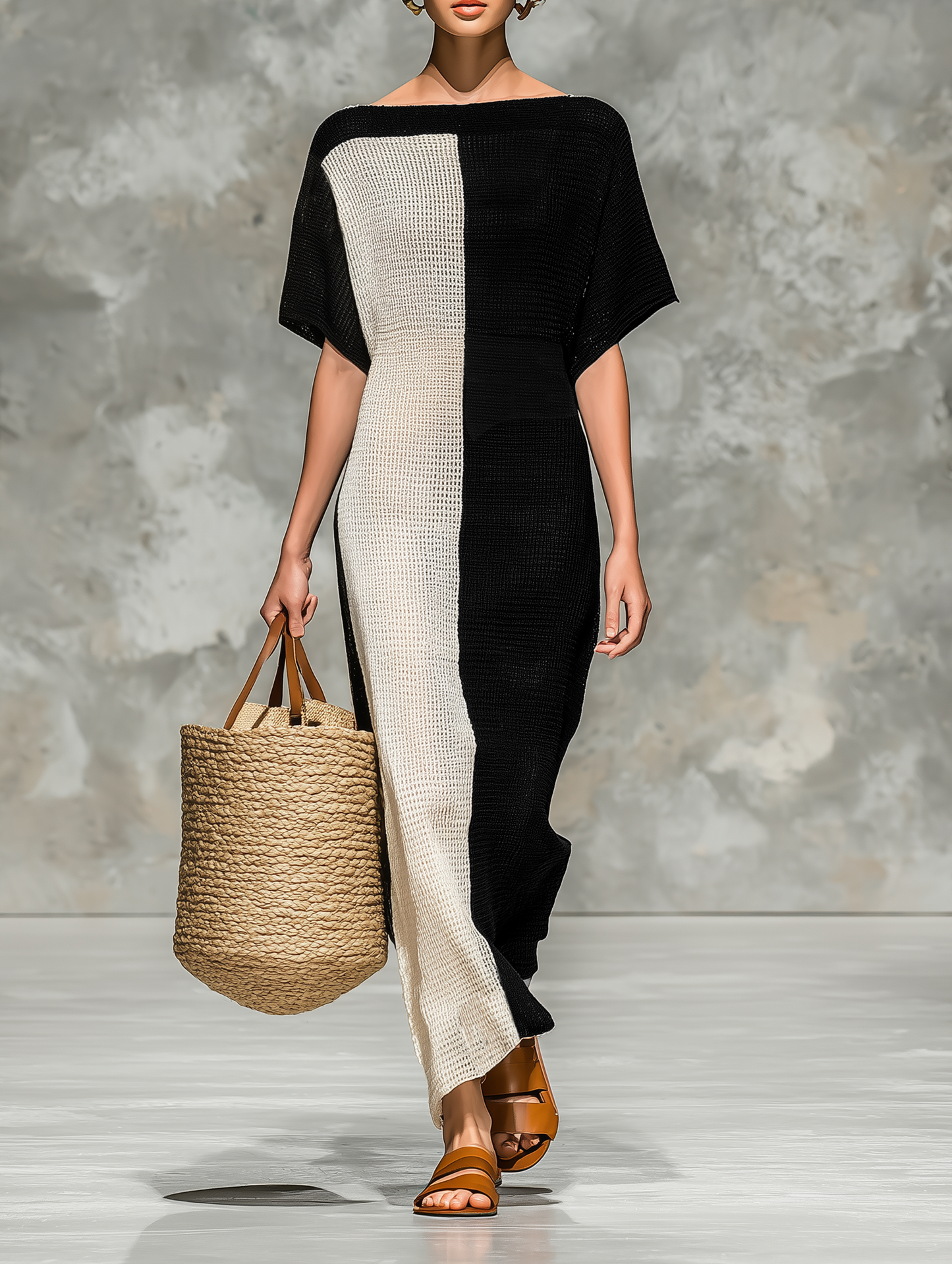 Women's Minimalist Knitted Boat Neck Short-sleeved Maxi Dress