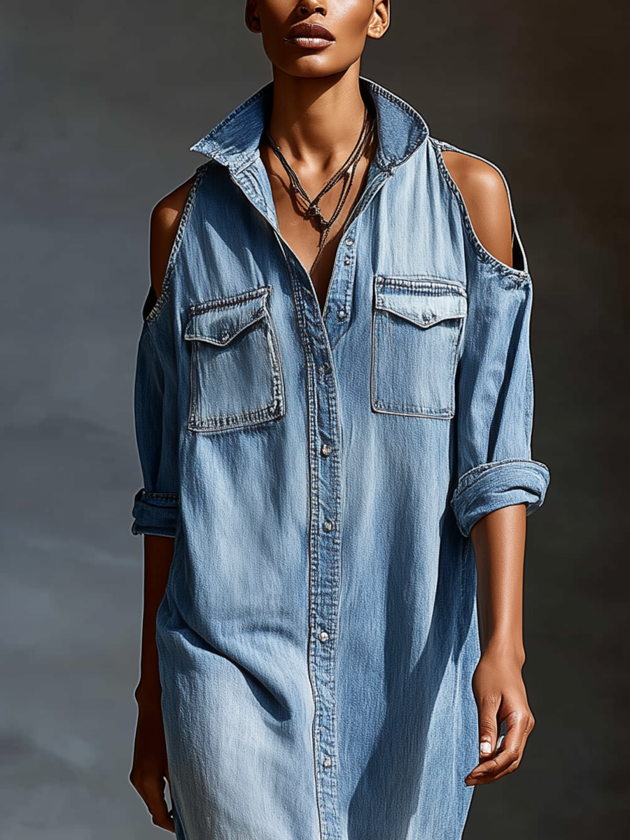 Vestido camisero de mezclilla azul claro para mujer, con hombros descubiertos y bolsillos en el pecho