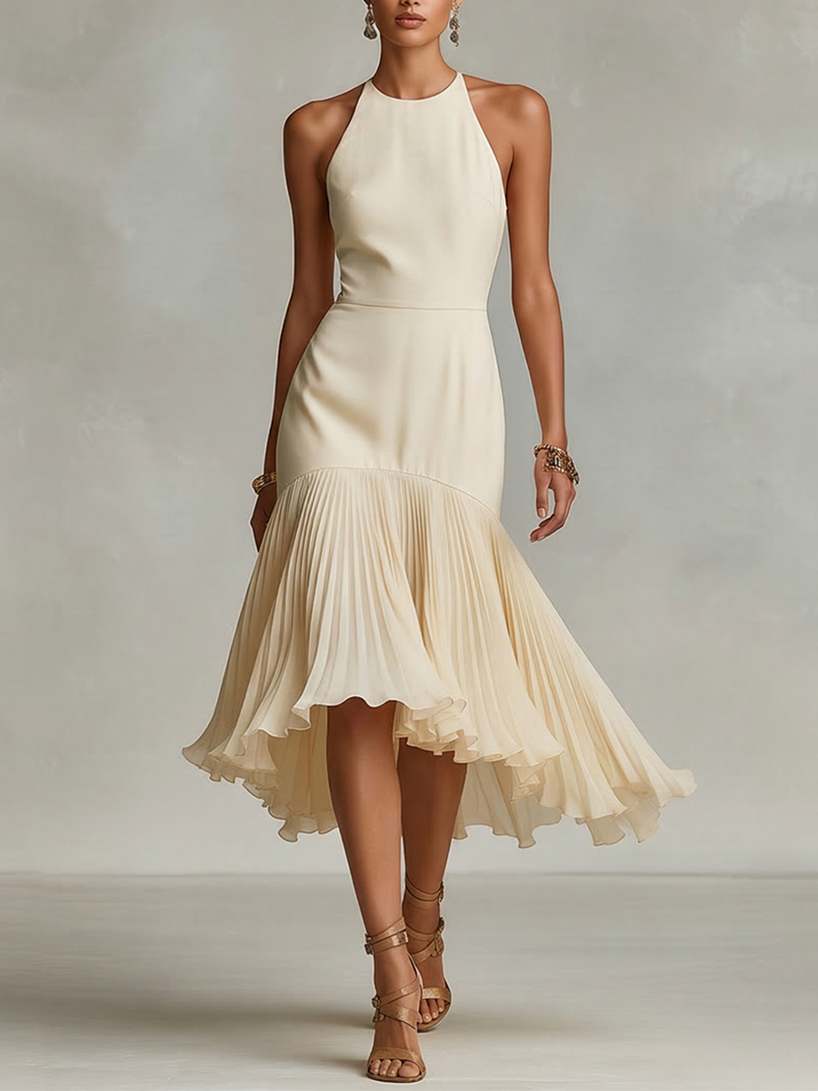 Women's Ivory Crepe Dress With Halter Neck & Pleated Ruffle Hem, Timeless Elegant-Glam Style Dress