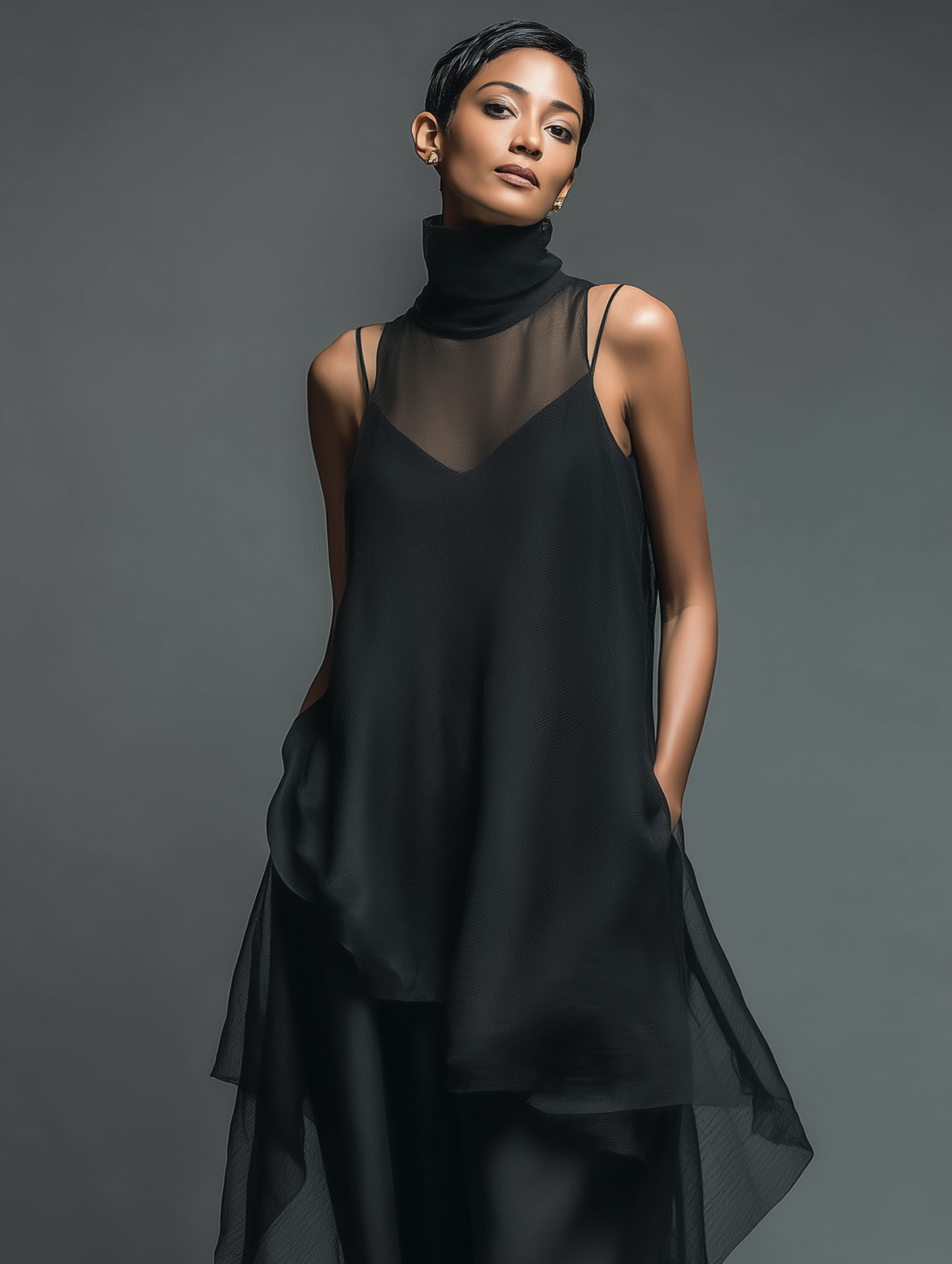 Women's Minimalist Imitation Acetate Slip Dress Paired With A Chiffon Overlay Maxi Dress
