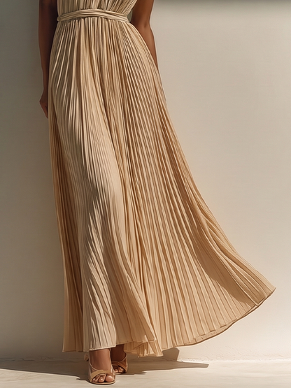Women's Champagne Pleated Dress With Halter Neck & Self-Tie Waist, Timeless Evening-Elegant Style Dress