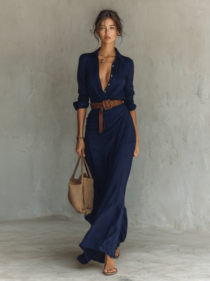 Damen Maxikleid mit Reverskragen, einreihiger Knopfleiste, langen Ärmeln und Taillengürtel