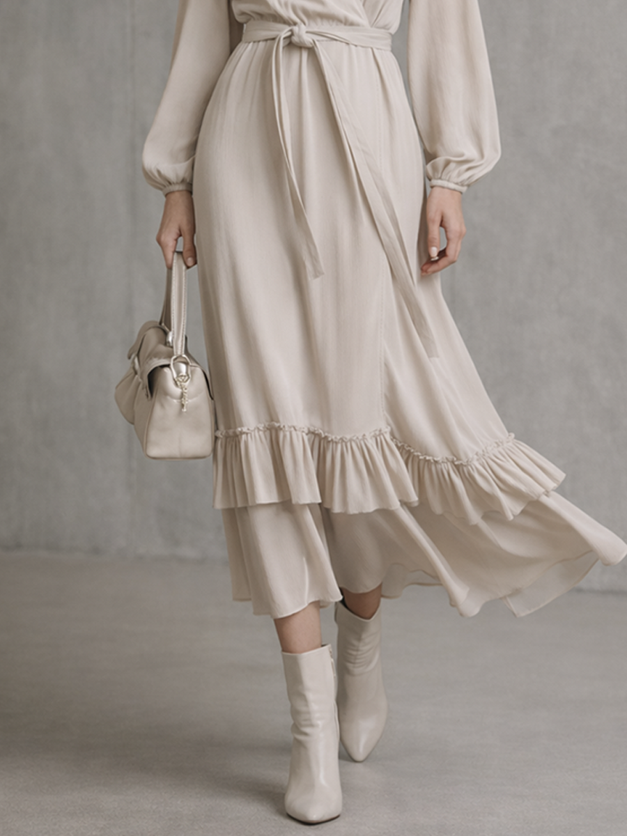 Vestido midi cruzado beige para mujer, de mezcla de algodón, con mangas largas y volantes