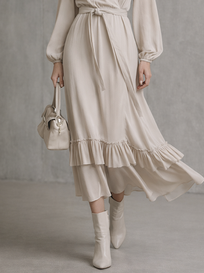 Vestido midi cruzado beige para mujer, de mezcla de algodón, con mangas largas y volantes
