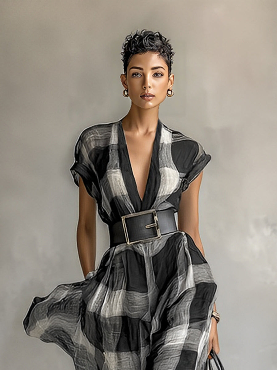 Women's Linen Blend Plaid V-neck Cap Sleeve Belt Maxi Dress