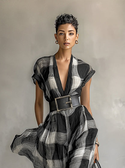 Women's Linen Blend Plaid V-neck Cap Sleeve Belt Maxi Dress