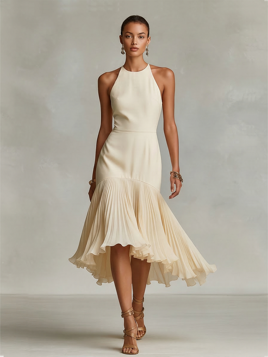 Women's Ivory Crepe Dress With Halter Neck & Pleated Ruffle Hem, Timeless Elegant-Glam Style Dress