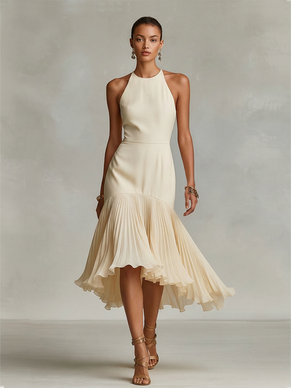 Women's Ivory Crepe Dress With Halter Neck & Pleated Ruffle Hem, Timeless Elegant-Glam Style Dress