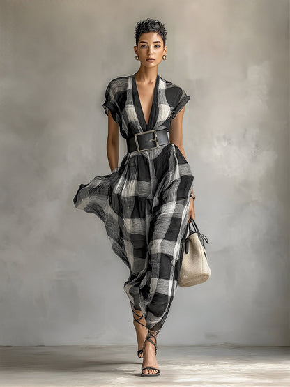 Women's Linen Blend Plaid V-neck Cap Sleeve Belt Maxi Dress