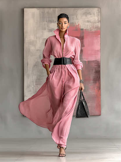 Vestido camisa feminino longo, de cor lisa, com lapela, mangas compridas, abotoamento simples e cinto